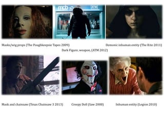 Masks/wig props (The Poughkeepsie Tapes 2009) Demonic inhuman entity (The Rite 2011)
Mask and chainsaw (Texas Chainsaw 3 2013) Creepy Doll (Saw 2008) Inhuman entity (Legion 2010)
Dark Figure, weapon, (ATM 2012)
 