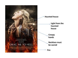 Haunted house 
Creepy 
hands 
Fire 
Light from the 
haunted 
house 
Necklace must 
be sacred 
 