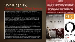 SINISTER (2012)
Subtext: Neglect/Child Services
SYNOPSIS
True-crime writer Ellison hasn't had a best seller in
more than 10 years and is becoming increasingly
desperate. So, when he discovers the existence of a
snuff film showing the deaths of a family, he moves
his own family into the victims' home and gets to
work. However, when old film footage and other
clues hint at the presence of a supernatural force,
Ellison learns that living in the house may be fatal.Sinister focuses around the killings of several families where at least one
member of the family, a child, goes missing soon after. It is not until the last few
scenes of the film, when the family makes a shocking discovery in their attic,
that the subtext becomes apparent.
The additional “extended endings.” reel of film for each murder reveals that
(different from the original reels) this time the missing child from each of the
families comes onscreen before disappearing. This implies that the kids are
responsible for the slayings of their families.
The spirited antagonist ‘Bughuul’ is characterised as being the taker of children
souls which is not a foreign belief placed upon some ancient demonic entities
such as Lilith, otherwise know as Abyzou. Abyzou is the name of a female
demon who was often blamed for miscarriages and infant mortality and was
said to be motivated by envy as she herself was infertile.
The subtext indicates a focus on modern day broken families, and in particular,
that of child protection (i.e. foster families and social services). This presence
that takes children away from their neglecting families can be represented by
Bughuuls positive relationship with the children he seeks to obtain, and the poor
relationship with the parents (stalking, scaring etc.).
The poor parenting may not be that apparent to the parents themselves (as it is
portrayed in the film), something that it is often the case with neglect cases.
 