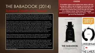THE BABADOOK (2014)
Subtext: Death of a Parent
SYNOPSIS
A troubled widow and mother lives alone with her
young son. After a set of strange occurrences, she
discovers that her son is telling the truth about a
monster that entered their home through the pages
of a children's book. What does the strange
presence want? Is it true that once here… ‘You can't
get rid of the Babadook’.The plot follows a struggling single mother, her explosive and irrational son…
whose father died driving her to the hospital to give birth. As she navigates the
terrain of single motherhood, she keeps all of her husbands possessions locked
away in the basement and strictly forbids their child from venturing down there.
The narratives subtext casts the Babadook as a manifestation of undigested
grief and misplaced resentment, the ugly, repressed feelings the heroine takes
out on her son. It is because of this that the mother refuses to acknowledge her
husband's existence, let alone his sudden death. She keeps every aspect of his
life (his suit and hat, for instance) hidden away (the basement is a sealed-off
section of her memory bank). The Babadook also represents the dead
husband. There are numerous visual juxtapositions between the monster and
the husband, namely the aforementioned suit and hat nailed to the wall.
When the Babadook possesses the mother in an attempt to get to kill her son,
she finds an inner strength which allows her to finally confront her past and
demand the monster leave them be (it returns freely to the basement).
The film's denouement shows the family living openly with the monster, almost
like a dangerous pet, feeding it and nurturing it with the same motherly love
and attention the mother shows her son. The tagline of "You can't get rid of the
Babadook." does not indicate a troubling conclusion, but that you cannot get
rid of the past. If you attempt to do so, it will rise up anyway. Rather than
burying the past and ignoring it, you have to embrace it, nurture it, and above
all, acknowledge it.
 