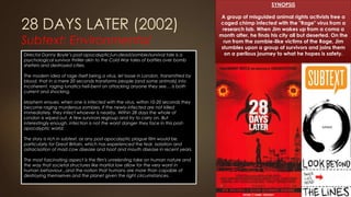28 DAYS LATER (2002)
Subtext: Environmental
SYNOPSIS
A group of misguided animal rights activists free a
caged chimp infected with the "Rage" virus from a
research lab. When Jim wakes up from a coma a
month after, he finds his city all but deserted. On the
run from the zombie-like victims of the Rage, Jim
stumbles upon a group of survivors and joins them
on a perilous journey to what he hopes is safety.Director Danny Boyle’s post-apocalyptic/un-dead/zombie/survival tale is a
psychological survivor thriller akin to the Cold War tales of battles over bomb
shelters and destroyed cities.
The modern idea of rage itself being a virus, let loose in London, transmitted by
blood, that in a mere 20 seconds transforms people (and some animals) into
incoherent, raging lunatics hell-bent on attacking anyone they see… is both
current and shocking.
Mayhem ensues: when one is infected with the virus, within 10-20 seconds they
become raging murderous zombies. If the newly-infected are not killed
immediately, they infect whoever is nearby. Within 28 days the whole of
London is wiped out. A few survivors regroup and try to carry on. But
interestingly enough, infection is not the worst danger they face in this post-
apocalyptic world.
The story is rich in subtext, as any post-apocalyptic plague film would be,
particularly for Great Britain, which has experienced the fear, isolation and
ostracisation of mad cow disease and hoof and mouth disease in recent years.
The most fascinating aspect is the film's unrelenting take on human nature and
the way that societal structures like martial law allow for the very worst in
human behaviour...and the notion that humans are more than capable of
destroying themselves and the planet given the right circumstances.
 