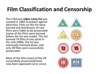 Film Classification and Censorship 
The infamous video nasty list was 
created in 1982 to protect against 
obscenity. Films on this list were 
banned and distributors of said 
films were liable to be prosecuted 
(some of the films were banned 
before the list was made). This list 
banned 74 films at one point in 
the mid-1980s; the list was 
eventually trimmed down, and 
only 39 films were successfully 
prosecuted. 
Most of the films (even of the 39 
successfully prosecuted) have 
now been approved cut or uncut . 
 