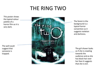 THE RING TWO
This poster shows
the typical colour
palette of a
horror film as it is
very dark.
The girl shown looks
as if she is crawling
towards the
audience and as she
has black hair over
her face it suggests
that she is evil.
The forest in the
background is a
typical horror
convention as it
suggests isolation
and darkness.
The well could
suggest that
someone is
trapped.
 