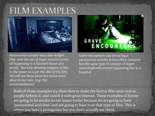 FILM EXAMPLESParanormal activity was a low budget film, with the use of super natural events all happening in a haunted house of a family.  But only showing snippets of bits in the teaser so u get the idea of the film.We will use these ideas but revise some ideas to our own. (e.g: Uni accommodation)Grave encounters was not as big a paranormal activity at box office, however has the same type of concept of super natural/ghostly events happening but in a hospital. Both of these examples try there best to make the horror film seem real so people believe it, and watch it with great interest. These examples of horror are going to be similar to our teaser trailer because we are going to have ‘paranormal activities’ and are going to base it on that type of film. This is where you have a protagonist but you don’t actually see them.