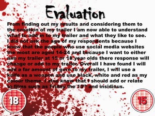 EvaluationFrom finding out my results and considering them to
the creation of my trailer I am now able to understand
what to add in to my trailer and what they like to see.
I did not ask the age of my respondents because I
know that the people who use social media websites
the most are aged 14-24 and because I want to either
aim my trailer at 15 or 18 year olds there response will
change or add to my trailer. Overall I have found I will
add a far amount of gore to my trailer, I will use a
knife as a weapon and use black, white and red as my
colour theme. I also know that I should add or relate
to films such as Friday the 13th and insidious.
 