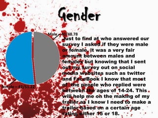 Gender
Male – 40/48.78
female – 42/51.22
Just to find at who answered our
survey I asked if they were male
or female, it was a very fair
amount between males and
females but knowing that I sent
out my survey out on social
media websites such as twitter
and FaceBook I know that most
of the people who replied were
between the ages of 14-24. This
will help me on the making of my
trailer as I know I need to make a
trailer based on a certain age
rating either 15 or 18.
 