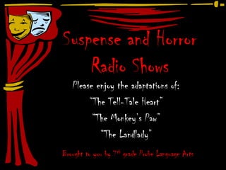 Suspense and HorrorRadio ShowsPlease enjoy the adaptations of:“The Tell-Tale Heart”“The Monkey’s Paw”“The Landlady”Brought to you by 7th grade Probe Language Arts