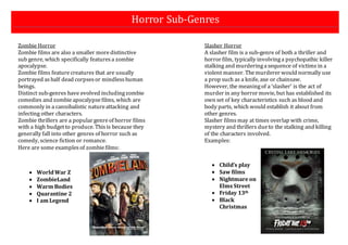 Horror Sub-Genres 
Defe 
Slasher Horror 
A slasher film is a sub-genre of both a thriller and 
horror film, typically involving a psychopathic killer 
stalking and murdering a sequence of victims in a 
violent manner. The murderer would normally use 
a prop such as a knife, axe or chainsaw. 
However, the meaning of a ‘slasher’ is the act of 
murder in any horror movie, but has established its 
own set of key characteristics such as blood and 
body parts, which would establish it about from 
other genres. 
Slasher films may at times overlap with crime, 
mystery and thrillers due to the stalking and killing 
of the characters involved. 
Examples: 
Zombie Horror 
Zombie films are also a smaller more distinctive 
sub genre, which specifically features a zombie 
apocalypse. 
Zombie films feature creatures that are usually 
portrayed as half dead corpses or mindless human 
beings. 
Distinct sub-genres have evolved including zombie 
comedies and zombie apocalypse films, which are 
commonly in a cannibalistic nature attacking and 
infecting other characters. 
Zombie thrillers are a popular genre of horror films 
with a high budget to produce. This is because they 
generally fall into other genres of horror such as 
comedy, science fiction or romance. 
Here are some examples of zombie films: 
 World War Z 
 ZombieLand 
 Warm Bodies 
 Quarantine 2 
 I am Legend 
 Child’s play 
 Saw films 
 Nightmare on 
Elms Street 
 Friday 13th 
 Black 
Christmas 
 