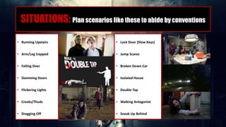 SITUATIONS: Plan scenarios like these to abide by conventions
• Lock Door (Slow Keys)
• Jump Scares
• Broken Down Car
• Isolated House
• Double Tap
• Walking Antagonist
• Sneak Up Behind
• Running Upstairs
• Arm/Leg trapped
• Falling Over
• Slamming Doors
• Flickering Lights
• Creaks/Thuds
• Dragging Off
 