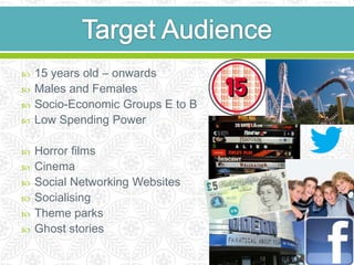   15 years old – onwards
   Males and Females
   Socio-Economic Groups E to B
   Low Spending Power

   Horror films
   Cinema
   Social Networking Websites
   Socialising
   Theme parks
   Ghost stories
 