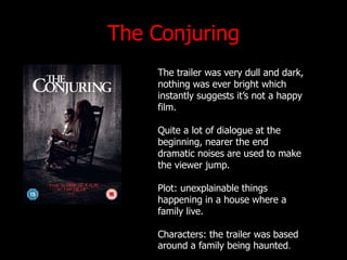 The Conjuring
The trailer was very dull and dark,
nothing was ever bright which
instantly suggests it’s not a happy
film.
Quite a lot of dialogue at the
beginning, nearer the end
dramatic noises are used to make
the viewer jump.
Plot: unexplainable things
happening in a house where a
family live.
Characters: the trailer was based
around a family being haunted.