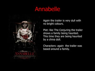 Annabelle
Again the trailer is very dull with
no bright colours.
Plot: like The Conjuring the trailer
shows a family being haunted.
This time they are being haunted
by a china doll.
Characters: again the trailer was
based around a family.