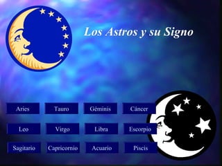 Los Astros y su Signo




 Aries        Tauro        Géminis   Cáncer


  Leo         Virgo         Libra    Escorpio


Sagitario   Capricornio    Acuario    Piscis
 