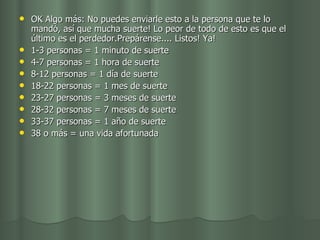 OK Algo más: No puedes enviarle esto a la persona que te lo mandó, así que mucha suerte! Lo peor de todo de esto es que el último es el perdedor.Prepárense.... Listos! Ya! 1-3 personas = 1 minuto de suerte 4-7 personas = 1 hora de suerte  8-12 personas = 1 día de suerte  18-22 personas = 1 mes de suerte 23-27 personas = 3 meses de suerte 28-32 personas = 7 meses de suerte  33-37 personas = 1 año de suerte  38 o más = una vida afortunada  