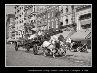 Three-horse team pulling a fire truck in full stride Washington, DC 1914   