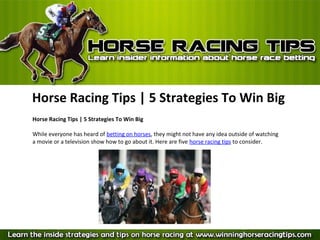 Horse Racing Tips | 5 Strategies To Win Big
Horse Racing Tips | 5 Strategies To Win Big

While everyone has heard of betting on horses, they might not have any idea outside of watching
a movie or a television show how to go about it. Here are five horse racing tips to consider.
 