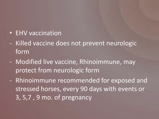 • EHV vaccination
- Killed vaccine does not prevent neurologic
  form
- Modified live vaccine, Rhinoimmune, may
  protect from neurologic form
- Rhinoimmune recommended for exposed and
  stressed horses, every 90 days with events or
  3, 5,7 , 9 mo. of pregnancy
 