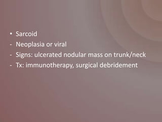 •   Sarcoid
-   Neoplasia or viral
-   Signs: ulcerated nodular mass on trunk/neck
-   Tx: immunotherapy, surgical debridement
 