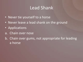 Lead Shank
• Never tie yourself to a horse
• Never leave a lead shank on the ground
• Applications
a. Chain over nose
b. Chain over gums, not appropriate for leading
   a horse
 