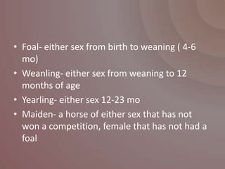 • Foal- either sex from birth to weaning ( 4-6
  mo)
• Weanling- either sex from weaning to 12
  months of age
• Yearling- either sex 12-23 mo
• Maiden- a horse of either sex that has not
  won a competition, female that has not had a
  foal
 