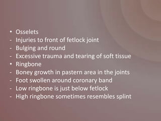 •   Osselets
-   Injuries to front of fetlock joint
-   Bulging and round
-   Excessive trauma and tearing of soft tissue
•   Ringbone
-   Boney growth in pastern area in the joints
-   Foot swollen around coronary band
-   Low ringbone is just below fetlock
-   High ringbone sometimes resembles splint
 