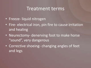 Treatment terms
• Freeze- liquid nitrogen
• Fire- electrical iron, pin fire to cause irritation
  and healing
• Neurectomy- denerving foot to make horse
  “sound”, very dangerous
• Corrective shoeing- changing angles of feet
  and legs
 