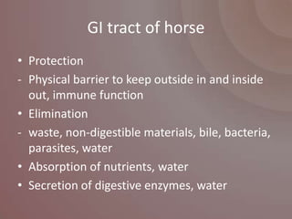 GI tract of horse
• Protection
- Physical barrier to keep outside in and inside
  out, immune function
• Elimination
- waste, non-digestible materials, bile, bacteria,
  parasites, water
• Absorption of nutrients, water
• Secretion of digestive enzymes, water
 