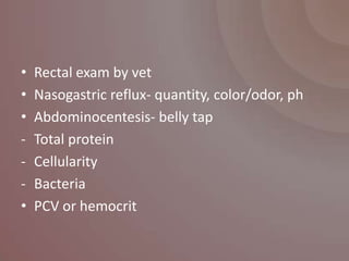 •   Rectal exam by vet
•   Nasogastric reflux- quantity, color/odor, ph
•   Abdominocentesis- belly tap
-   Total protein
-   Cellularity
-   Bacteria
•   PCV or hemocrit
 