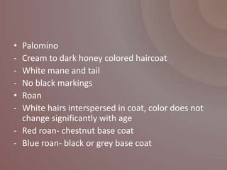• Palomino
- Cream to dark honey colored haircoat
- White mane and tail
- No black markings
• Roan
- White hairs interspersed in coat, color does not
  change significantly with age
- Red roan- chestnut base coat
- Blue roan- black or grey base coat
 