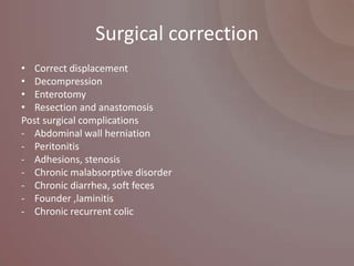 Surgical correction
• Correct displacement
• Decompression
• Enterotomy
• Resection and anastomosis
Post surgical complications
- Abdominal wall herniation
- Peritonitis
- Adhesions, stenosis
- Chronic malabsorptive disorder
- Chronic diarrhea, soft feces
- Founder ,laminitis
- Chronic recurrent colic
 