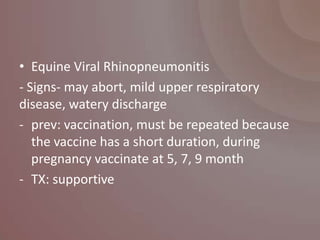 • Equine Viral Rhinopneumonitis
- Signs- may abort, mild upper respiratory
disease, watery discharge
- prev: vaccination, must be repeated because
   the vaccine has a short duration, during
   pregnancy vaccinate at 5, 7, 9 month
- TX: supportive
 