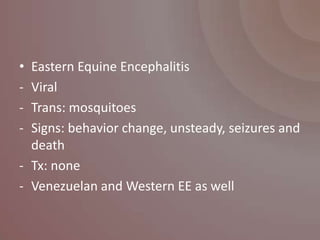• Eastern Equine Encephalitis
- Viral
- Trans: mosquitoes
- Signs: behavior change, unsteady, seizures and
  death
- Tx: none
- Venezuelan and Western EE as well
 