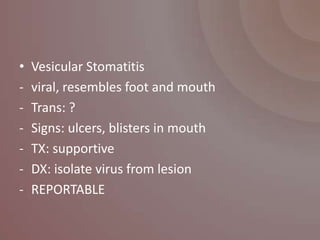 •   Vesicular Stomatitis
-   viral, resembles foot and mouth
-   Trans: ?
-   Signs: ulcers, blisters in mouth
-   TX: supportive
-   DX: isolate virus from lesion
-   REPORTABLE
 