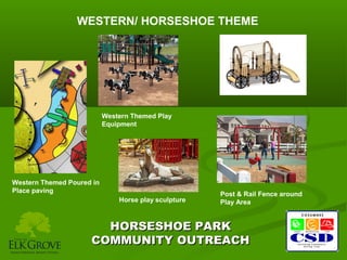 WESTERN/ HORSESHOE THEME

Western Themed Play
Equipment

Western Themed Poured in
Place paving
Horse play sculpture

Post & Rail Fence around
Play Area

HORSESHOE PARK
COMMUNITY OUTREACH

 