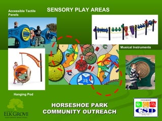 Accessible Tactile
Panels

SENSORY PLAY AREAS

Musical Instruments

Hanging Pod

HORSESHOE PARK
COMMUNITY OUTREACH

 