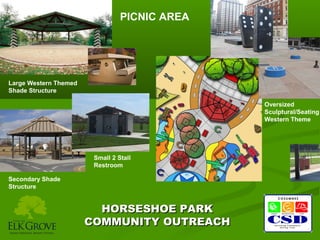 PICNIC AREA

Large Western Themed
Shade Structure
Oversized
Sculptural/Seating
Western Theme

Small 2 Stall
Restroom
Secondary Shade
Structure

HORSESHOE PARK
COMMUNITY OUTREACH

 