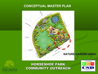 CONCEPTUAL MASTER PLAN

NATURE GARDEN AREA

HORSESHOE PARK
COMMUNITY OUTREACH

 