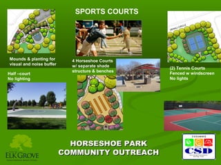 SPORTS COURTS

Mounds & planting for
visual and noise buffer
Half –court
No lighting

4 Horseshoe Courts
w/ separate shade
structure & benches

HORSESHOE PARK
COMMUNITY OUTREACH

(2) Tennis Courts
Fenced w windscreen
No lights

 