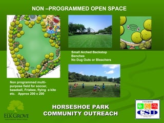 NON –PROGRAMMED OPEN SPACE

Small Arched Backstop
Benches
No Dug Outs or Bleachers

Non programmed multipurpose field for soccer,
baseball, Frisbee, flying a kite
etc. Approx 200 x 200

HORSESHOE PARK
COMMUNITY OUTREACH

 