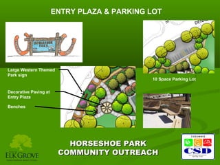 ENTRY PLAZA & PARKING LOT

Large Western Themed
Park sign

10 Space Parking Lot

Decorative Paving at
Entry Plaza
Benches

HORSESHOE PARK
COMMUNITY OUTREACH

 