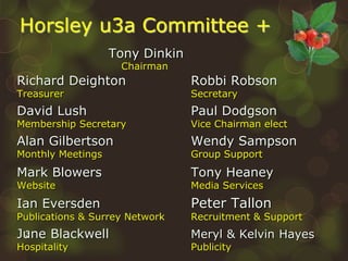 3
Horsley u3a Committee +
Tony Dinkin
Chairman
Richard Deighton Robbi Robson
Treasurer Secretary
David Lush Paul Dodgson
M...
