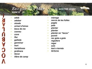 adob adobar aixada armari d’eines boca de rec conreu cove flor  galleda germinar hort hortalisses jardinera llavor llibre de camp mànega  nervis de les fulles pagès pala plantar planter planter en “tacos” punxó rec gota a gota regadora regar solc test o torreta tórtores Escola  del Mar   EL NOSTRE HORT  2009/10 VOCABULARI 