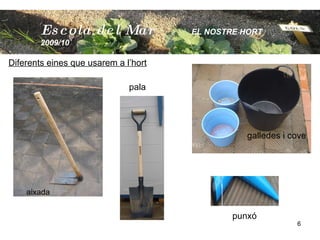 Diferents eines que usarem a l’hort   pala   galledes i cove  aixada   punxó Escola  del Mar   EL NOSTRE HORT  2009/10 
