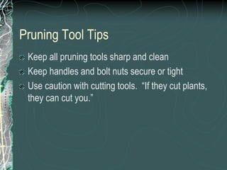 Pruning Tool Tips
Keep all pruning tools sharp and clean
Keep handles and bolt nuts secure or tight
Use caution with cutting tools. “If they cut plants,
they can cut you.”
 