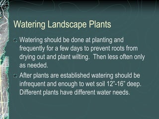 Watering Landscape Plants
Watering should be done at planting and
frequently for a few days to prevent roots from
drying out and plant wilting. Then less often only
as needed.
After plants are established watering should be
infrequent and enough to wet soil 12”-16” deep.
Different plants have different water needs.
 