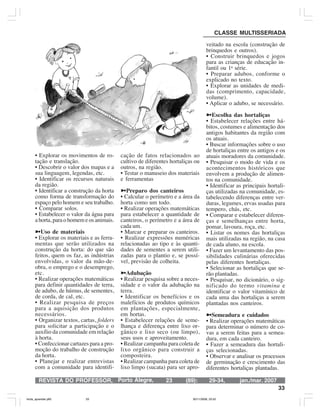 REVISTA DO PROFESSOR, jan./mar. 2007
33
(89):Porto Alegre, 23 29-34,
CLASSE MULTISSERIADA
• Explorar os movimentos de ro-
tação e translação.
• Descobrir o valor dos mapas e a
sua linguagem, legendas, etc.
• Identificar os recursos naturais
da região.
• Identificar a construção da horta
como forma de transformação do
espaço pelo homem e seu trabalho.
• Comparar solos.
• Estabelecer o valor da água para
a horta, para o homem e os animais.
üUso de materiais
• Explorar os materiais e as ferra-
mentas que serão utilizados na
construção da horta: do que são
feitos, quem os faz, as indústrias
envolvidas, o valor da mão-de-
obra, o emprego e o desemprego,
etc.
• Realizar operações matemáticas
para definir quantidades de terra,
de adubo, de húmus, de sementes,
de corda, de cal, etc.
• Realizar pesquisa de preços
para a aquisição dos produtos
necessários.
• Organizar textos, cartas, folders
para solicitar a participação e o
auxílio da comunidade em relação
à horta.
• Confeccionar cartazes para a pro-
moção do trabalho de construção
da horta.
• Planejar e realizar entrevistas
com a comunidade para identifi-
cação de fatos relacionados ao
cultivo de diferentes hortaliças ou
outros, na região.
• Testar o manuseio dos materiais
e ferramentas
üPreparo dos canteiros
• Calcular o perímetro e a área da
horta como um todo.
• Realizar operações matemáticas
para estabelecer a quantidade de
canteiros, o perímetro e a área de
cada um.
• Marcar e preparar os canteiros.
• Realizar expressões numéricas
relacionadas ao tipo e às quanti-
dades de sementes a serem utili-
zadas para o plantio e, se possí-
vel, previsão de colheita.
üAdubação
• Realizar pesquisa sobre a neces-
sidade e o valor da adubação na
terra.
• Identificar os benefícios e os
malefícios de produtos químicos
em plantações, especialmente,
em hortas.
• Estabelecer relações de seme-
lhança e diferença entre lixo or-
gânico e lixo seco (ou limpo),
seus usos e aproveitamento.
• Realizar campanha para coleta de
lixo orgânico para construir a
composteira.
• Realizar campanha para coleta de
lixo limpo (sucata) para ser apro-
veitado na escola (construção de
brinquedos e outros).
• Construir brinquedos e jogos
para as crianças de educação in-
fantil ou 1a
série.
• Preparar adubos, conforme o
explicado no texto.
• Explorar as unidades de medi-
das (comprimento, capacidade,
volume).
• Aplicar o adubo, se necessário.
üEscolha das hortaliças
• Estabelecer relações entre há-
bitos, costumes e alimentação dos
antigos habitantes da região com
os atuais.
• Buscar informações sobre o uso
de hortaliças entre os antigos e os
atuais moradores da comunidade.
• Pesquisar o modo de vida e os
acontecimentos históricos que
envolvem a produção de alimen-
tos na comunidade.
• Identificar as principais hortali-
ças utilizadas na comunidade, es-
tabelecendo diferenças entre ver-
duras, legumes, ervas usadas para
tempero, chás, etc.
• Comparar e estabelecer diferen-
ças e semelhanças entre horta,
pomar, lavoura, roça, etc.
• Listar os nomes das hortaliças
mais utilizadas na região, na casa
de cada aluno, na escola.
• Fazer um levantamento das pos-
sibilidades culinárias oferecidas
pelas diferentes hortaliças.
• Selecionar as hortaliças que se-
rão plantadas.
• Pesquisar, no dicionário, o sig-
nificado do termo vitamina e
identificar o valor vitamínico de
cada uma das hortaliças a serem
plantadas nos canteiros.
üSemeadura e cuidados
• Realizar operações matemáticas
para determinar o número de co-
vas a serem feitas para a semea-
dura, em cada canteiro.
• Fazer a semeadura das hortali-
ças selecionadas.
• Observar e analisar os processos
de germinação e crescimento das
diferentes hortaliças plantadas.
horta_aprender.p65 30/11/2006, 23:5333
 