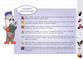 13
(Fonte: www.ambientebrasil.com.br - com adaptações)
Uma só pilha contamina o solo durante 50 anos. Você sabia que existem locais
próprios para recolher as pilhas velhas?
Uma torneira a pingar significa 190 litros de água por dia que vão pelo cano abaixo.
Você sabe o que pode fazer com 190 litros de água?
Estudos mostram que as plantas conseguem remover 87% dos elementos tóxicos do
ambiente de uma casa no espaço de 24 horas.
Somente 37% do papel nos escritórios é realmente reciclado, o resto é queimado.
Como você costuma utilizar o papel da sua casa e da sua escola?
Um litro de óleo combustível usado pode contaminar 1.000.000 de litros de água.
Você já imaginou quantos animais e pessoas são prejudicadas pela poluição dos
lagos, rios e mares?
Menos de 50% da produção nacional de papel ondulado ou papelão é reciclado
atualmente. O que você faz com as caixas de papelão na sua casa e na sua escola?
Pesquisas indicam que cada ser humano produz, em média, um pouco mais de 1
quilo de lixo por dia. O que você acha que pode ser feito para cada um produzir
menos lixo?
ALGUMAS
CURIOSIDADES:
 