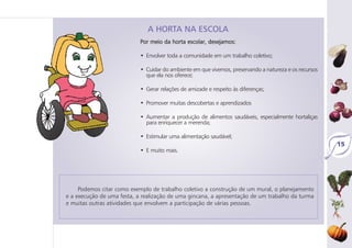15
Por meio da horta escolar, desejamos:
• Envolver toda a comunidade em um trabalho coletivo;
• Cuidar do ambiente em que vivemos, preservando a natureza e os recursos
que ela nos oferece;
• Gerar relações de amizade e respeito às diferenças;
• Promover muitas descobertas e aprendizados
• Aumentar a produção de alimentos saudáveis, especialmente hortaliças
para enriquecer a merenda;
• Estimular uma alimentação saudável;
• E muito mais.
A HORTA NA ESCOLA
Podemos citar como exemplo de trabalho coletivo a construção de um mural, o planejamento
e a execução de uma festa, a realização de uma gincana, a apresentação de um trabalho da turma
e muitas outras atividades que envolvem a participação de várias pessoas.
 