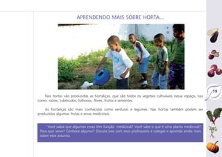 19
Nas hortas são produzidas as hortaliças, que são todos os vegetais cultiváveis nesse espaço, tais
como: raízes, tubérculos, folhosos, flores, frutos e sementes.
As hortaliças são mais conhecidas como verduras e legumes. Nas hortas também podem ser
produzidas algumas frutas e ervas medicinais.
APRENDENDO MAIS SOBRE HORTA...
Você sabia que algumas ervas têm função medicinal? Você sabe o que é uma planta medicinal?
Para que serve? Conhece alguma? Discuta isso com seus professores e colegas e aprenda ainda mais
sobre esse assunto.
 