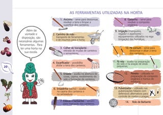 20
1. Ancinho – serve para destorroar,
revolver a terra e limpar a
superfície dos canteiros;
2. Carrinho de mão –
transporte de ferramentas
e de insumos para a horta;
3. Colher de transplante –
retirada de mudas de canteiros
e sementeiras;
4. Escarificador – possibilita
afofar a terra dos canteiros;
5. Enxada – auxilia na abertura de
covas, capina, revolvimento do
solo e formação de canteiros;
6. Enxadinha (sacho) – auxilia
na capina dos canteiros e
na semeadura;
7. Estacas e barbantes – servem
para marcação dos canteiros;
8. Gadanho – serve para
revolver o composto
orgânico;
9. Irrigação (mangueira,
regador e aspersores) –
equipamentos utilizados na rega
(irrigação) das hortaliças;
10. Pá comum – serve para
destorroar e alisar a terra
dos canteiros;
11. Pá reta – auxilia na preparação
do solo e na aração de áreas
pequenas;
12. Peneira – utilizada na
preparação de composto
orgânico e húmus de
minhoca;
13. Pulverizador – utilizado nas
pulverizações foliares com
defensivos alternativos para
controle de insetos e pragas;
14. Rolo de Barbante
Além de
vontade e
disposição, são
necessárias algumas
ferramentas. Para
ter uma horta na
sua escola.
AS FERRAMENTAS UTILIZADAS NA HORTA
 